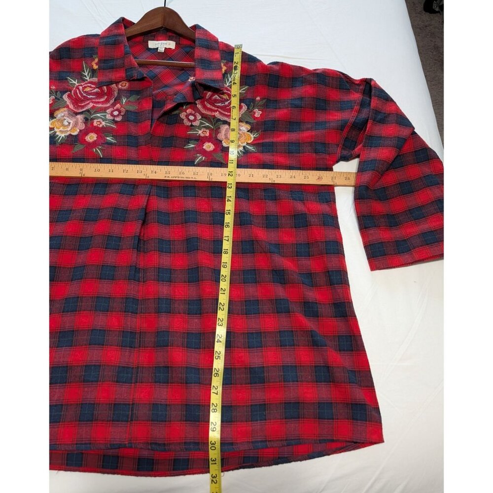 Umgee Womens 2XL Red Black Plaid Button-Down Shirt Floral Embroidery Long Sleeve - Picture 8 of 12